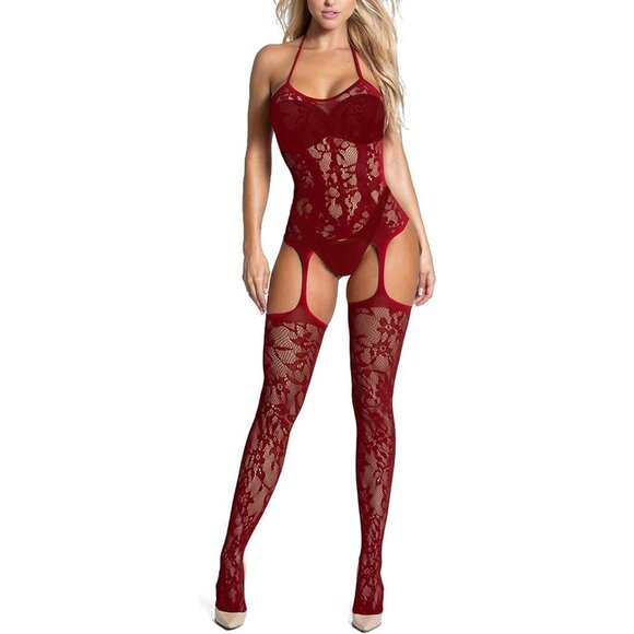 Fishnet Bodystocking Crotchless Lingerie with Attached Stockings One Size - Picture 1 of 5
